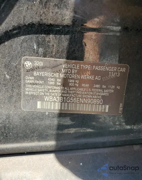 2014 BMW 320 I z USA, uszkodzony, nr VIN WBA3B1G56ENN90890